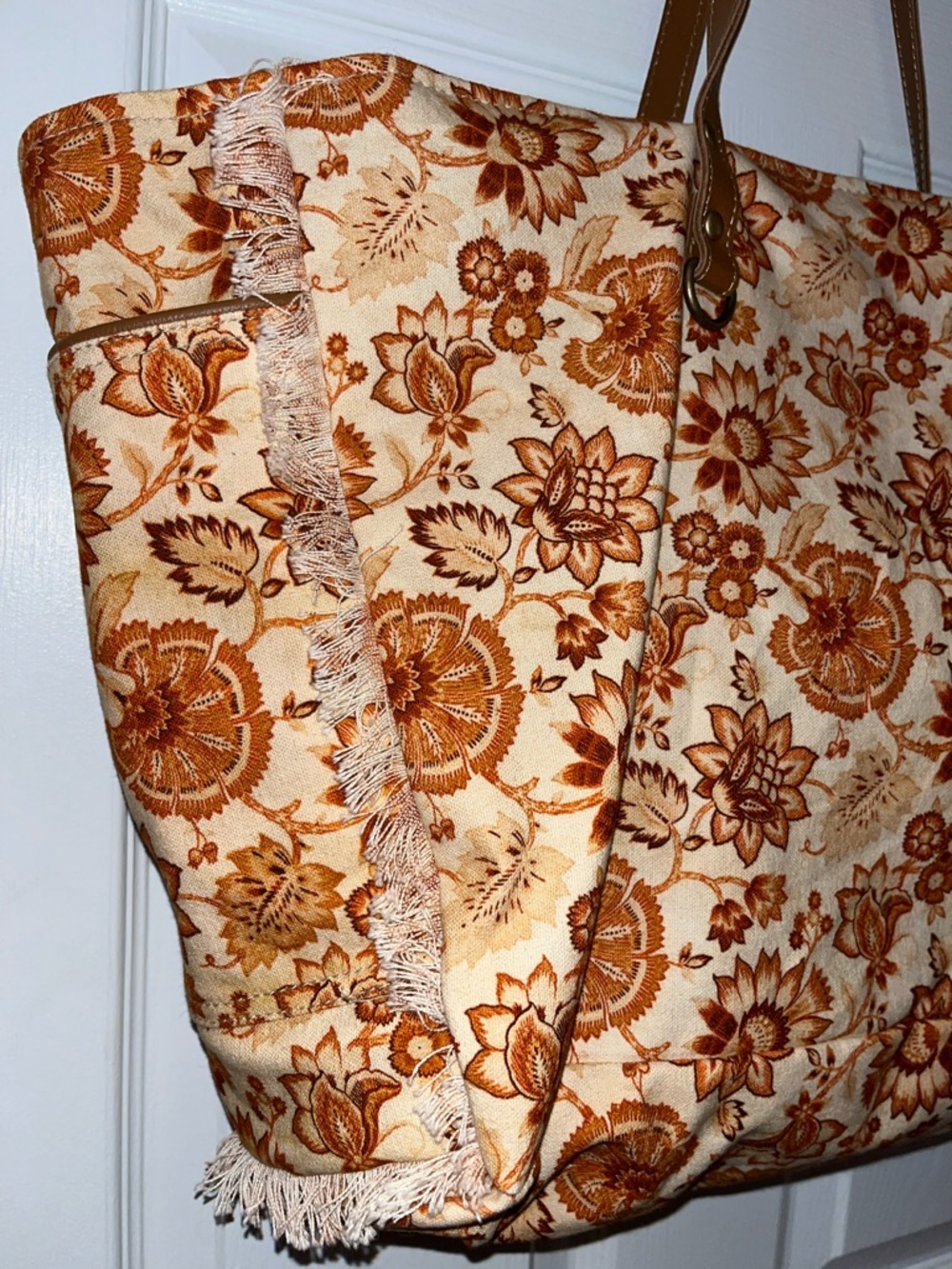 Myra Bag Floral Canvas Tote in Brown and Cream with fringe - Picture 5 of 10
